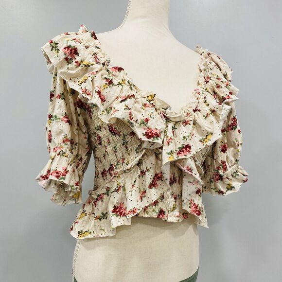 NWT FREE PEOPLE M Favorite Girl Cream Tea Party Combo Top Smocked Floral Cottage - Picture 2 of 16